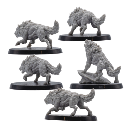 Rear views of unpainted Dire Wolf miniatures showing fur texture, tails, running poses, and resin sculpt detail.
