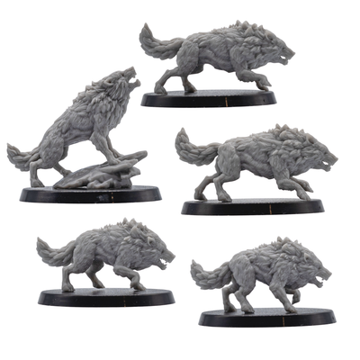 Side views of unpainted Dire Wolf resin miniatures showing dynamic running poses, detailed fur, claws, and 40mm bases.