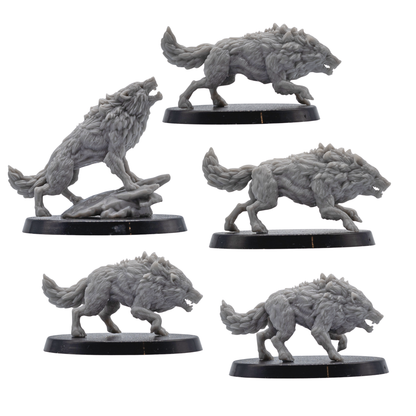 Side views of unpainted Dire Wolf resin miniatures showing dynamic running poses, detailed fur, claws, and 40mm bases.