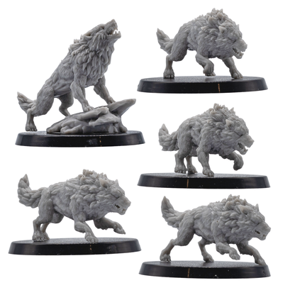 Front views of five unpainted Dire Wolf resin miniatures by Forged Path Miniatures on 40mm round bases.