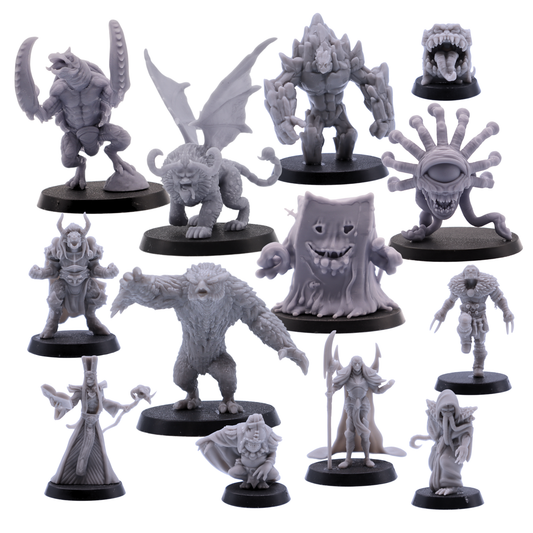 Unpainted DnD Monster Starter Set showing 13 resin fantasy monsters including mimics, golem, winged beast, spellcasters, and creature miniatures.