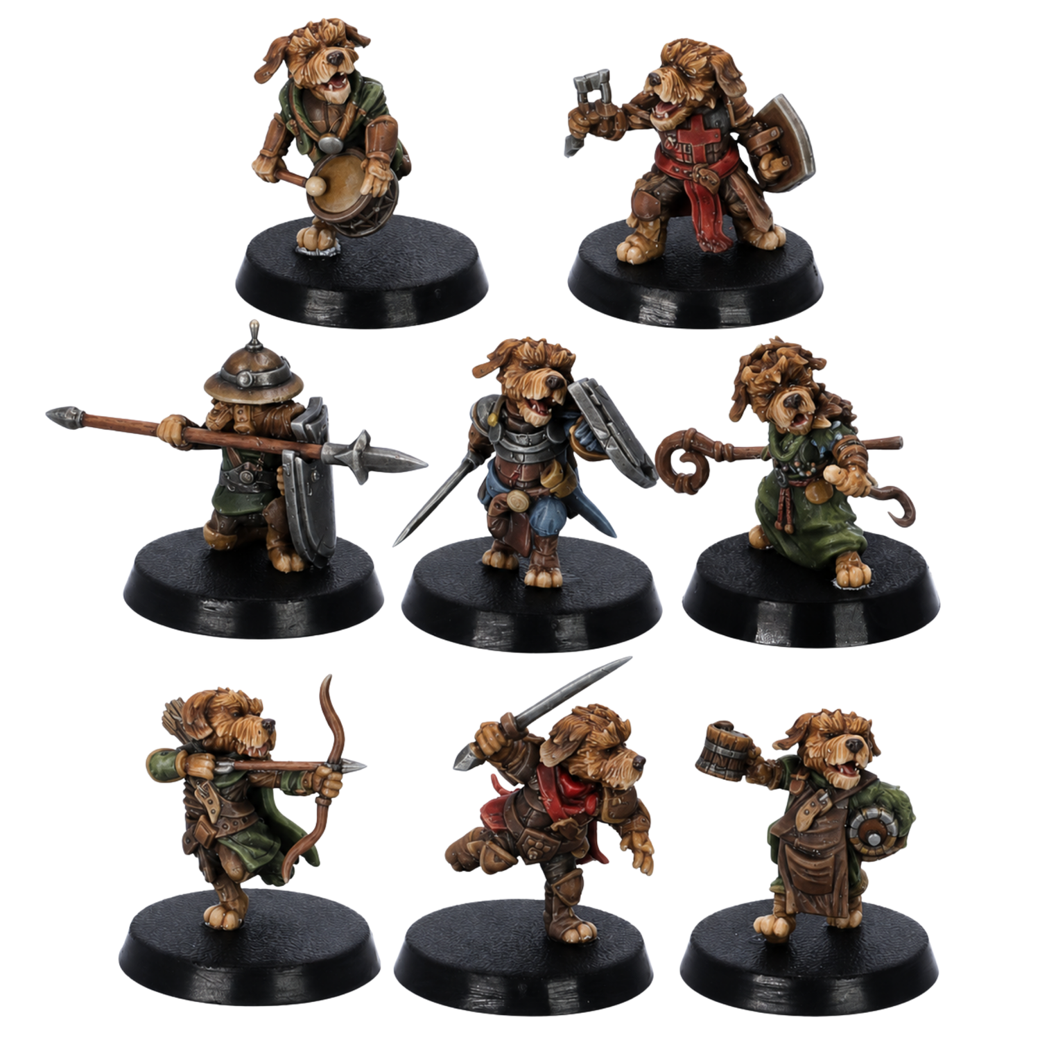 Painted Dog Folk set by Epic Miniatures showing eight 28mm fantasy canine adventurer miniatures on 25mm round bases.