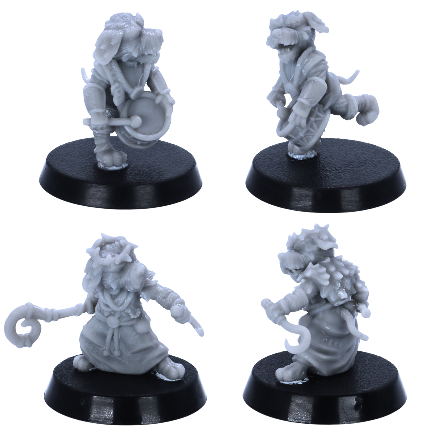Unpainted Dog Folk miniatures showing action poses including sword fighter, archer, spear guard, bard, and shield bearer.