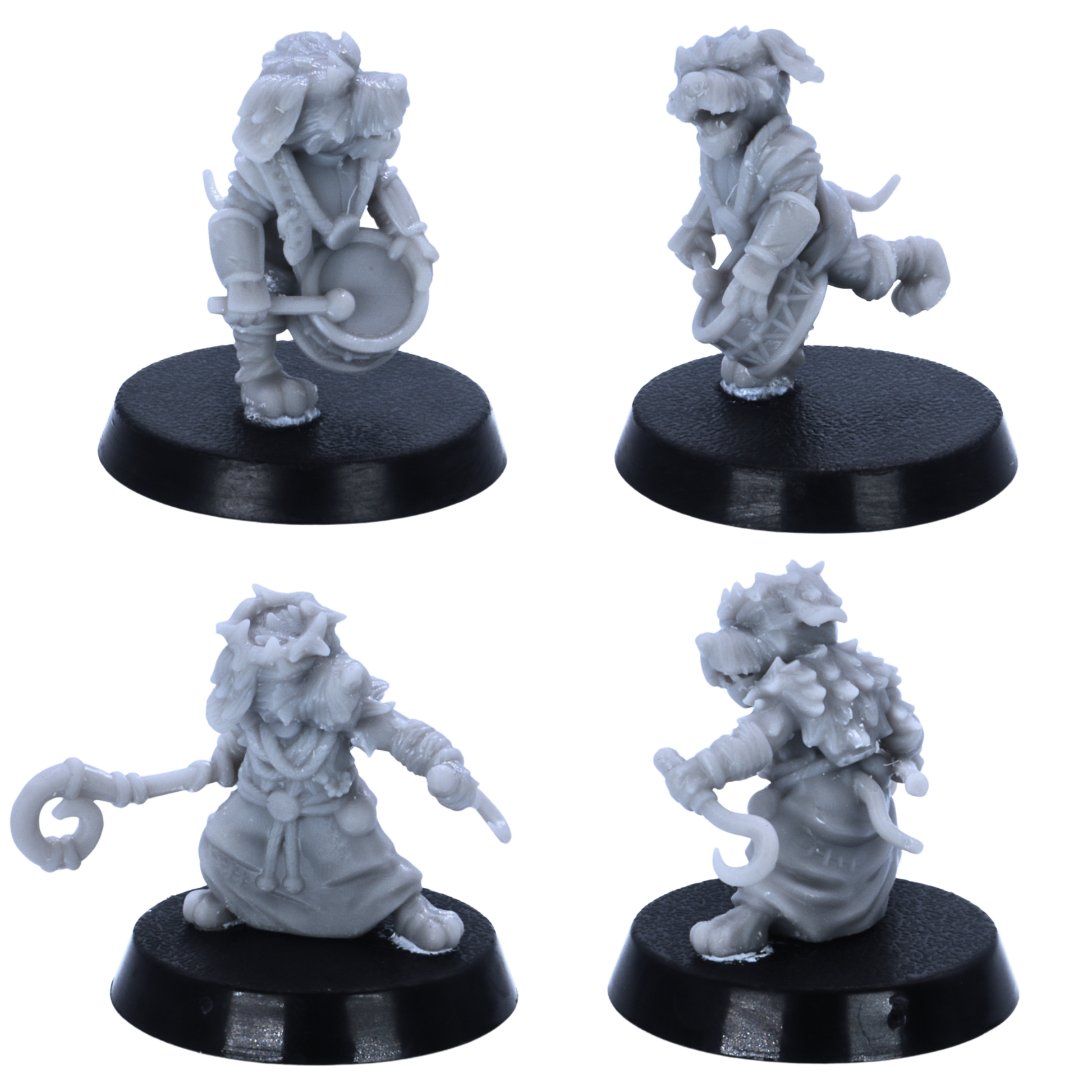 Unpainted Dog Folk miniatures showing action poses including sword fighter, archer, spear guard, bard, and shield bearer.