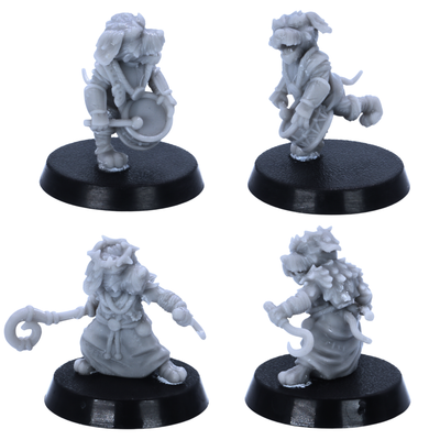 Unpainted Dog Folk miniatures showing action poses including sword fighter, archer, spear guard, bard, and shield bearer.