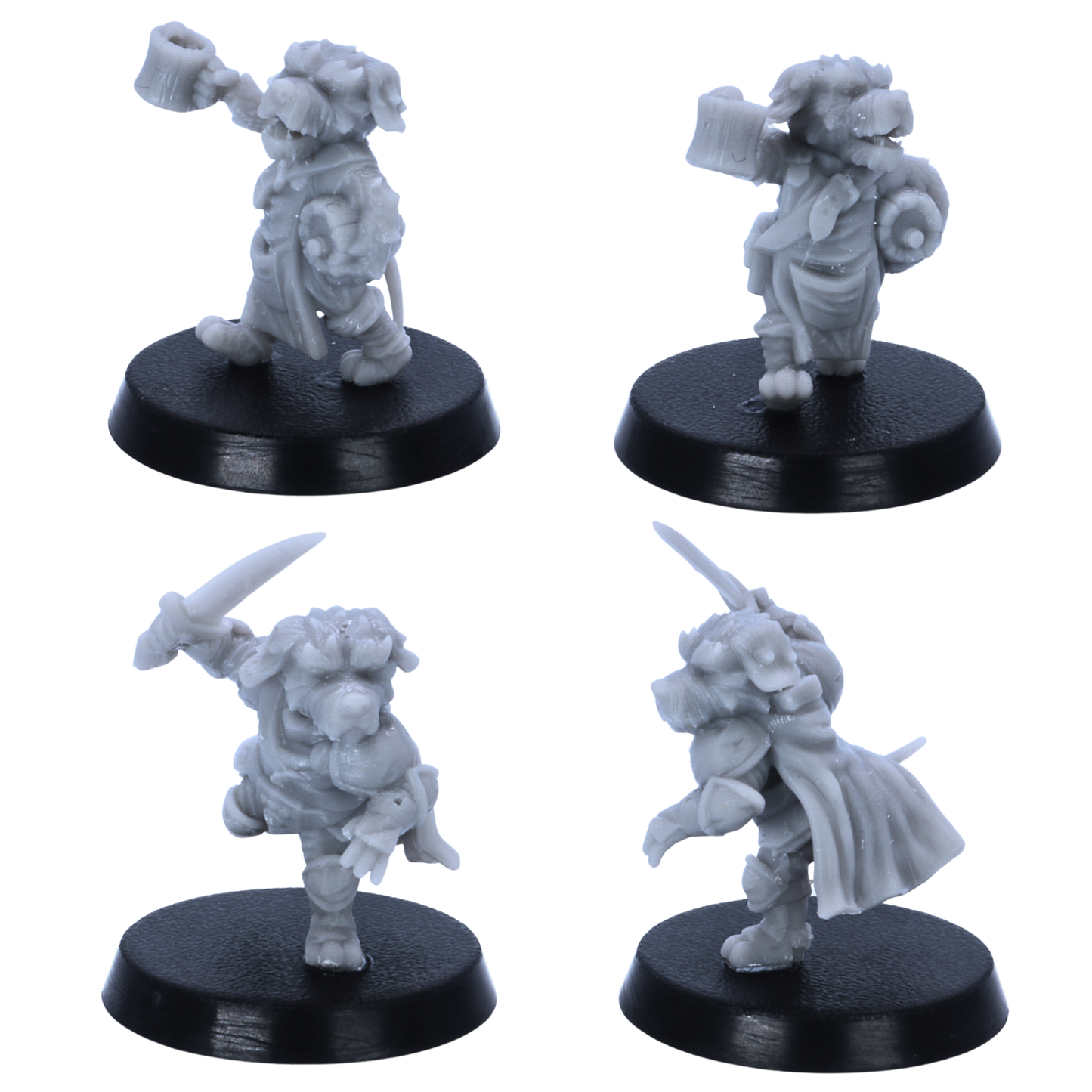 Unpainted Dog Folk miniatures showing detailed canine character poses with armour, weapons, robes, mugs, and shields.