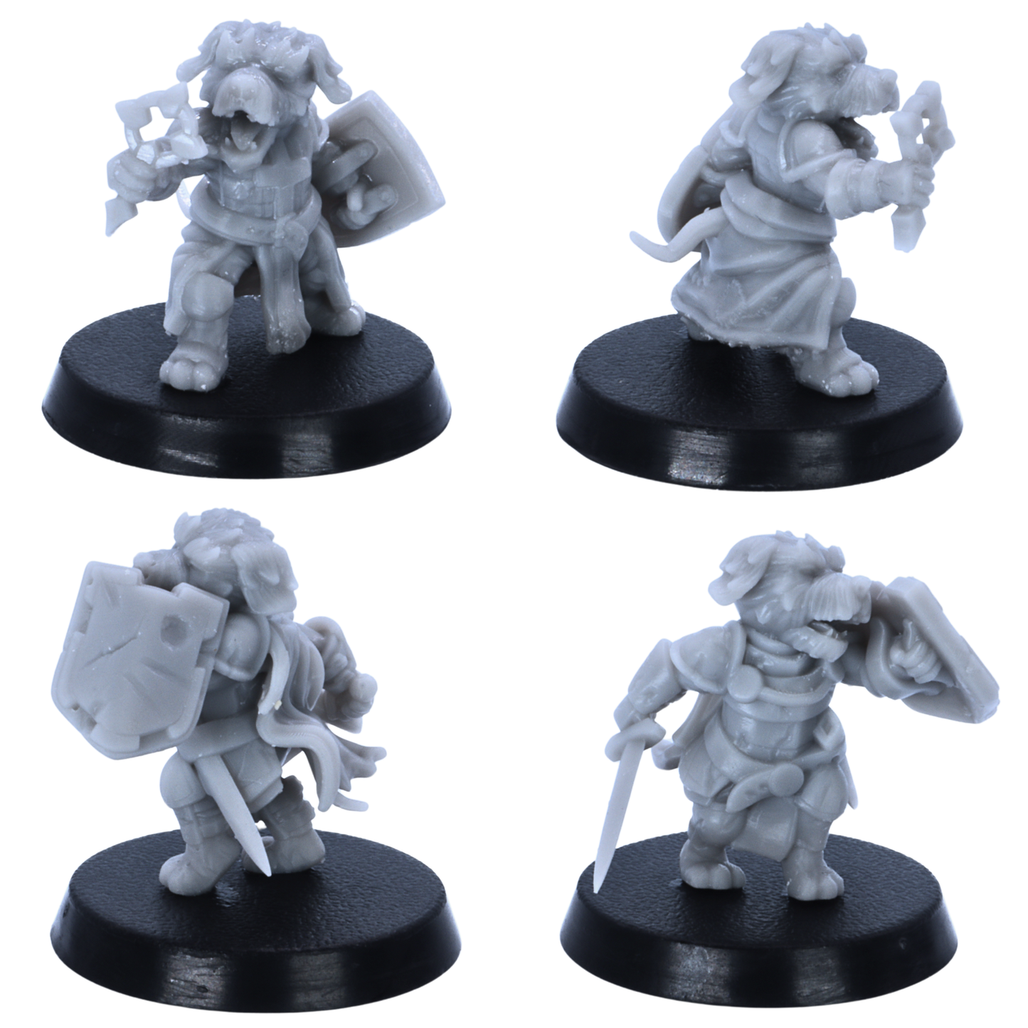 Unpainted Dog Folk miniatures showing close-up views of individual fantasy dog adventurers on 25mm round bases.