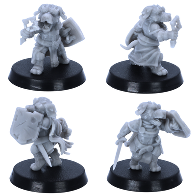 Unpainted Dog Folk miniatures showing close-up views of individual fantasy dog adventurers on 25mm round bases.