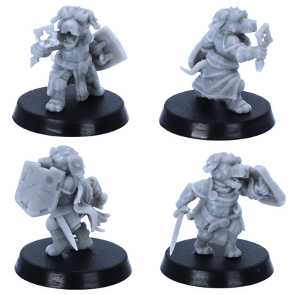 Unpainted Dog Folk miniatures showing close-up views of individual fantasy dog adventurers on 25mm round bases.