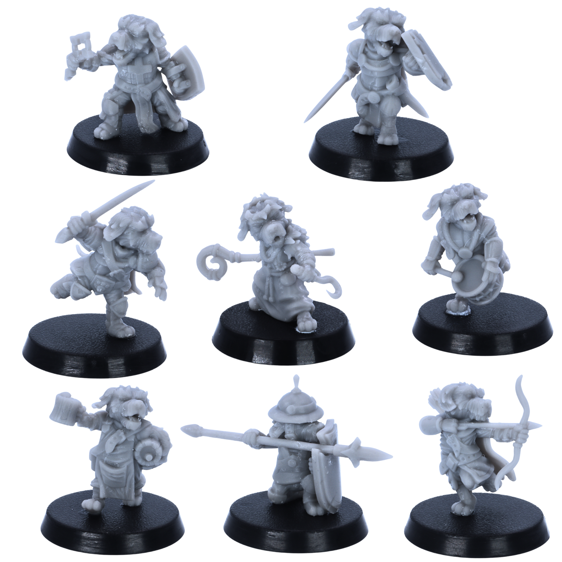 Unpainted Dog Folk miniatures showing eight fantasy canine adventurers with weapons, shields, bow, spear, drum, and robes.