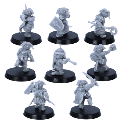 Unpainted Dog Folk miniatures showing rear views with cloaks, shields, tails, weapons, armour, and adventuring gear.