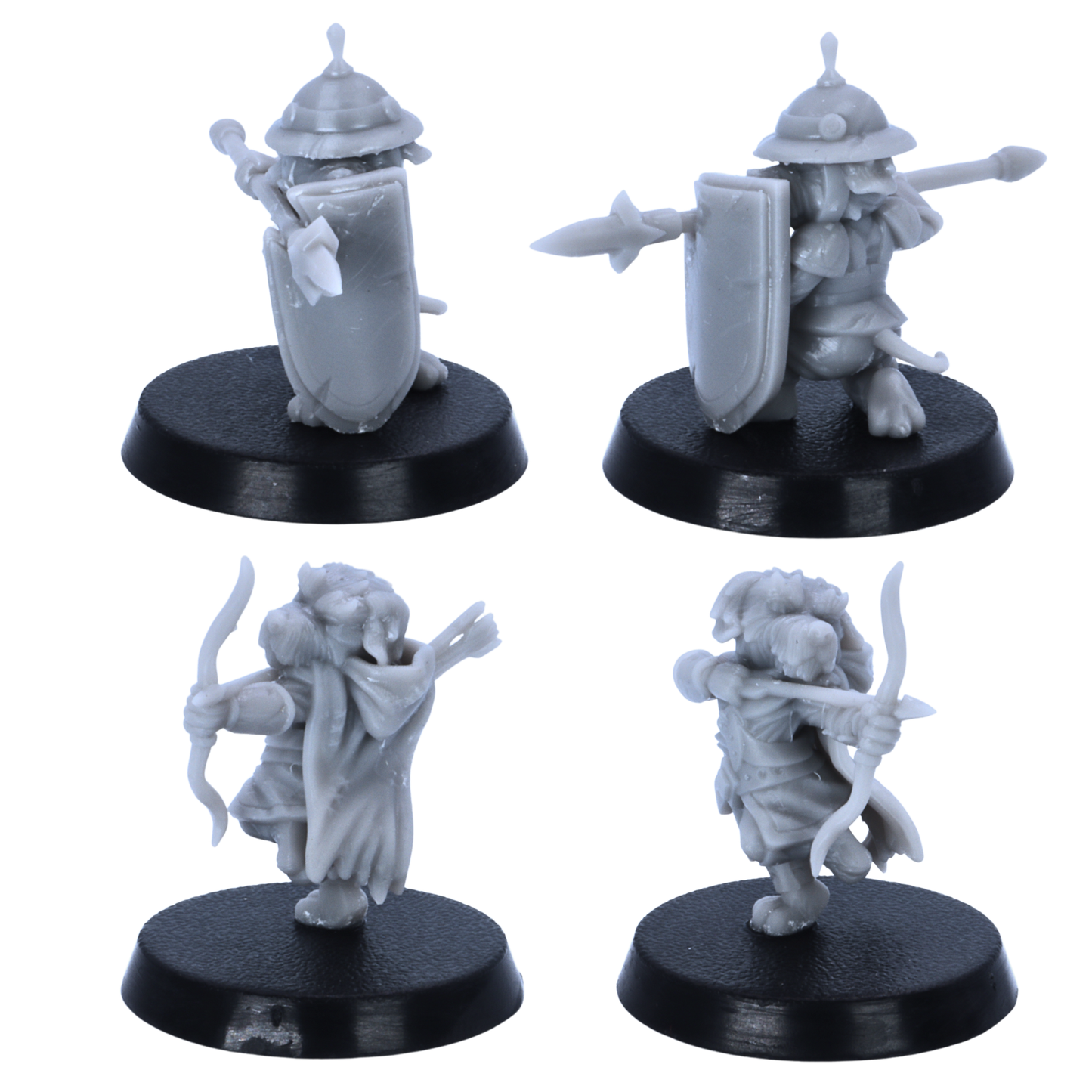 Unpainted Dog Folk miniatures showing weapon, shield, bow, spear, and character detail views for tabletop RPGs.