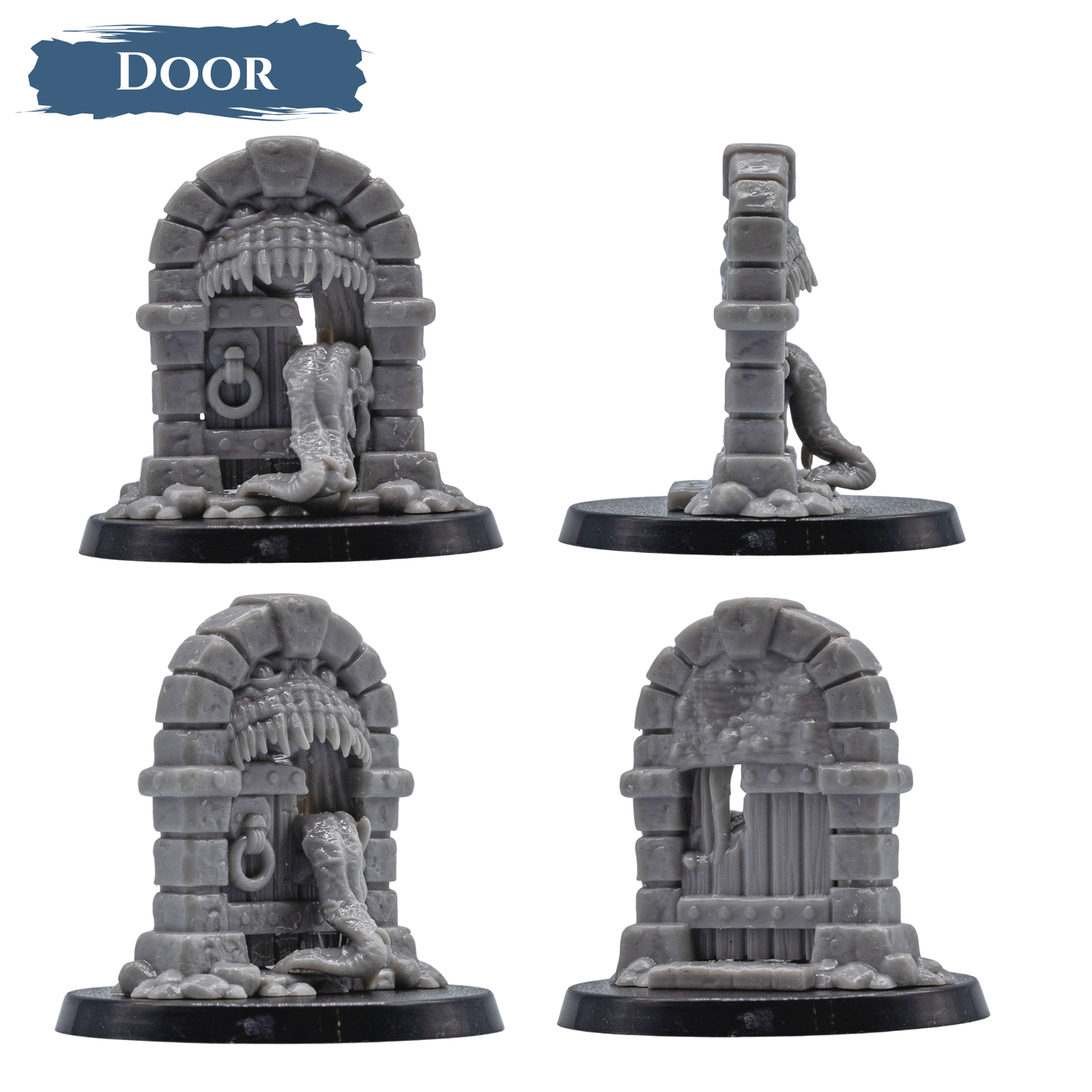 Multiple views of the stone Door Mimic with a toothed archway, wooden door, and extended tongue.