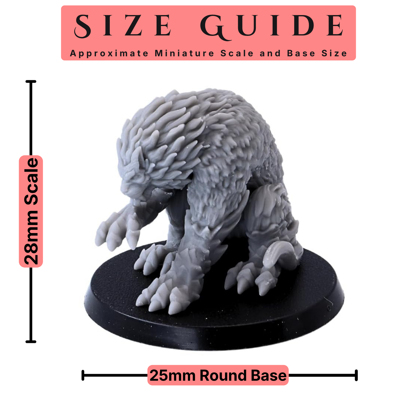 Draconic Cat miniature size guide showing 28mm scale and 25mm round base