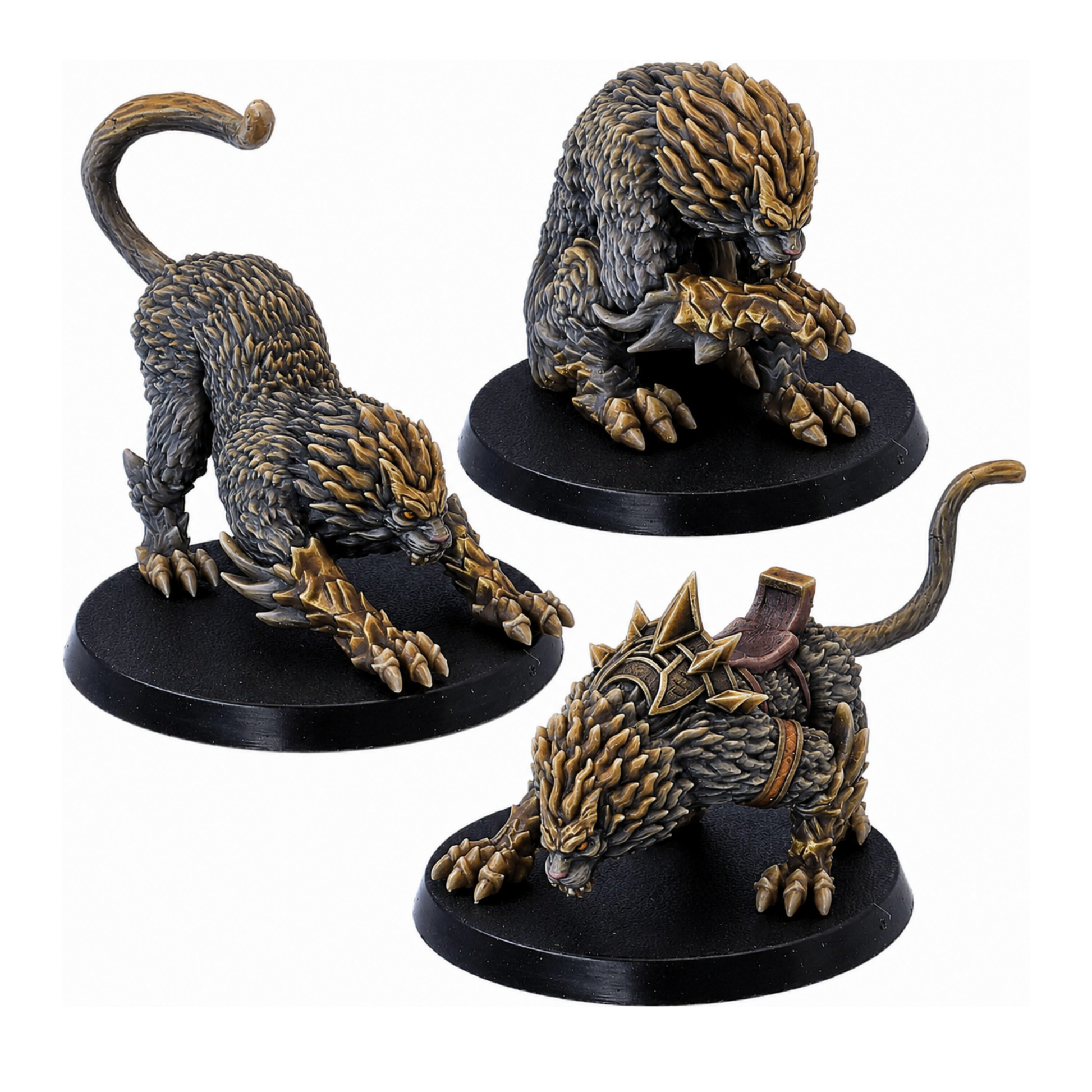 Painted Draconic Cat miniature set showing three fantasy feline monsters with large claws, scaled fur and armoured details