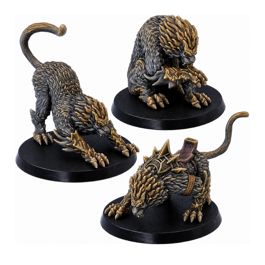 Painted Draconic Cat miniature set showing three fantasy feline monsters with large claws, scaled fur and armoured details
