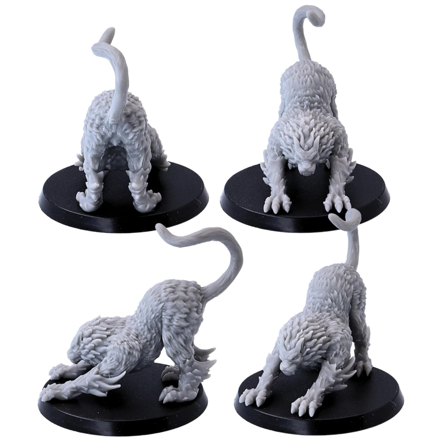 Multiple views of a stalking Draconic Cat miniature with long tail and spiked limb details