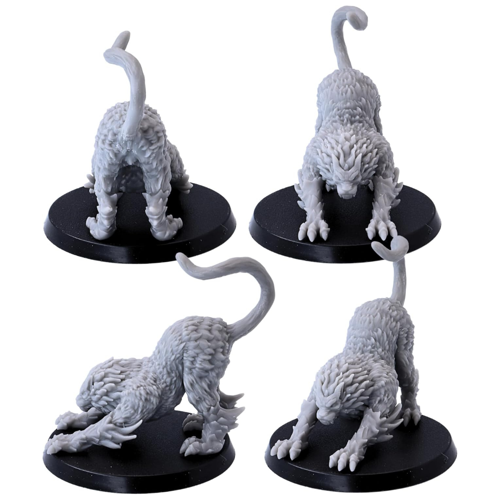 Multiple views of a stalking Draconic Cat miniature with long tail and spiked limb details