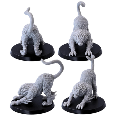 Multiple views of a stalking Draconic Cat miniature with long tail and spiked limb details