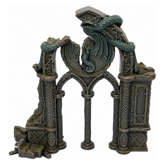 Painted Dragon Archway fantasy terrain piece with stone columns, carved dragon motifs and ruined masonry