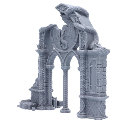 Right angled view of the Dragon Archway showing the tall columns, dragon sculpture and doorway detail