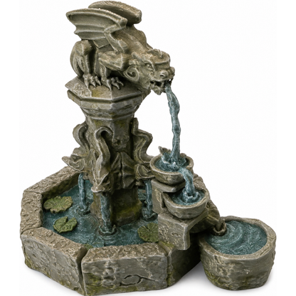Painted Dragon Fountain terrain piece by Printable Scenery with a winged dragon pouring water into tiered stone basins.