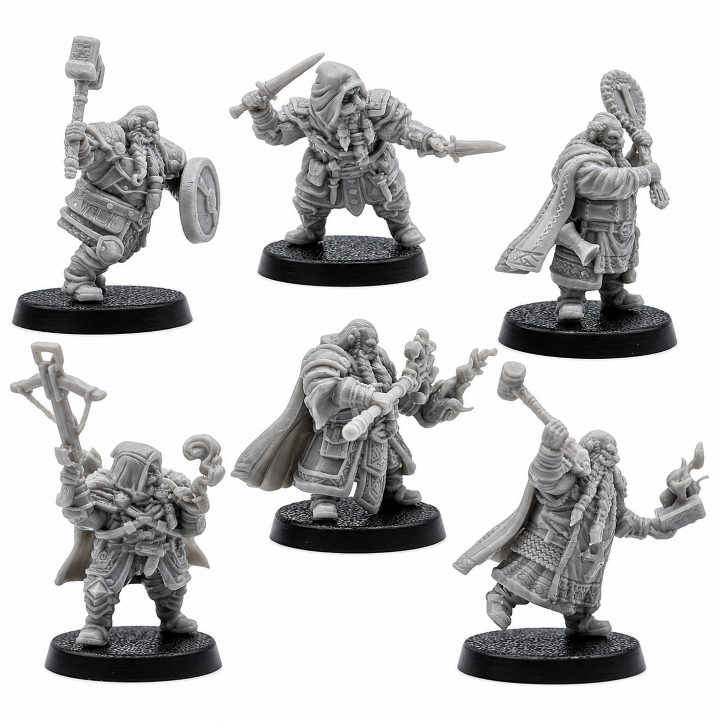 Action views of unpainted Dwarf Adventurer miniatures showing detailed weapons, armor, cloaks, spell effects, and fantasy equipment.