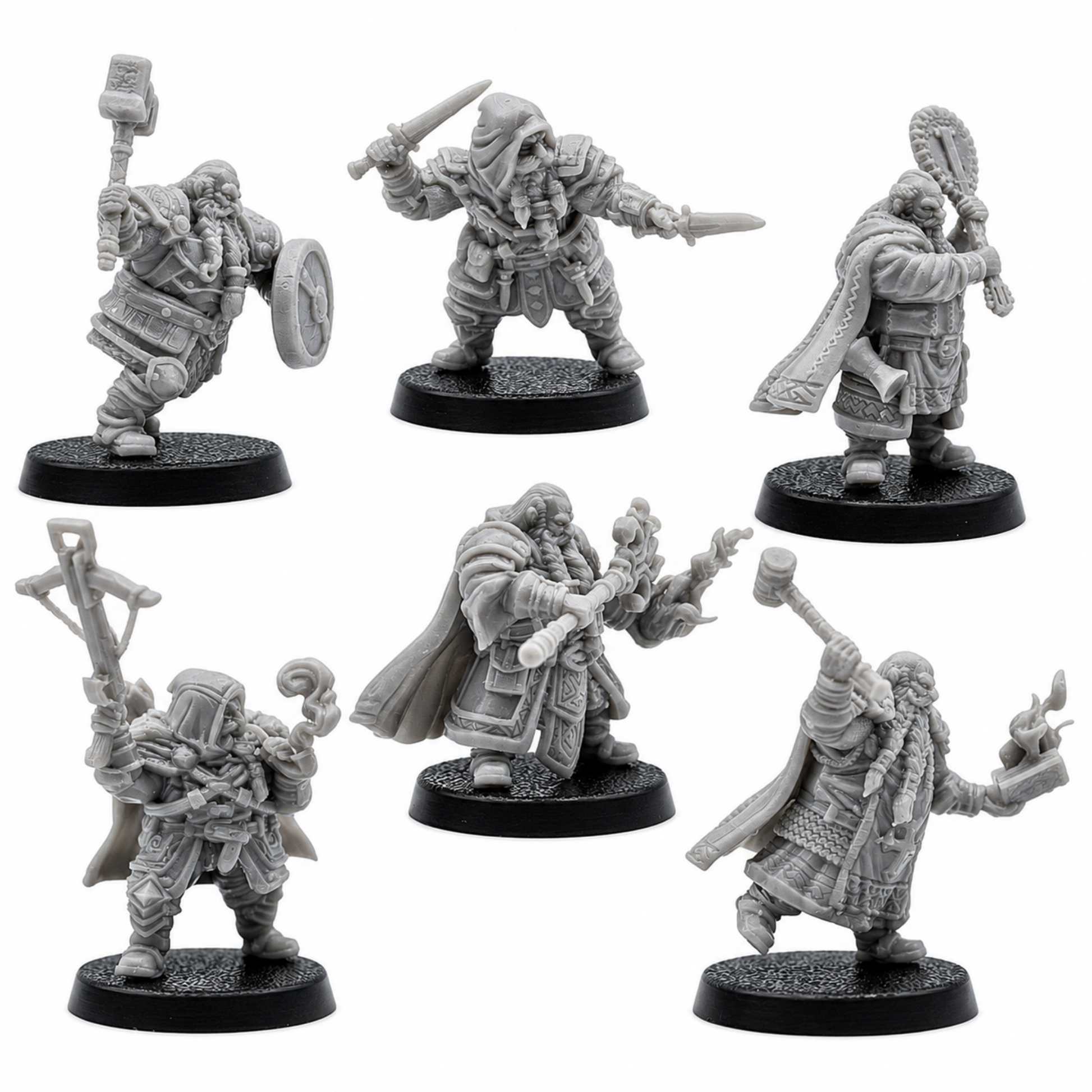 Action views of unpainted Dwarf Adventurer miniatures showing detailed weapons, armor, cloaks, spell effects, and fantasy equipment.