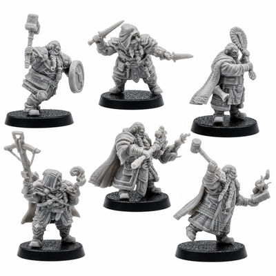 Action views of unpainted Dwarf Adventurer miniatures showing detailed weapons, armor, cloaks, spell effects, and fantasy equipment.