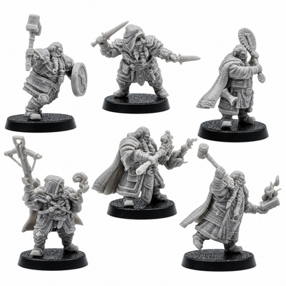 Action views of unpainted Dwarf Adventurer miniatures showing detailed weapons, armor, cloaks, spell effects, and fantasy equipment.