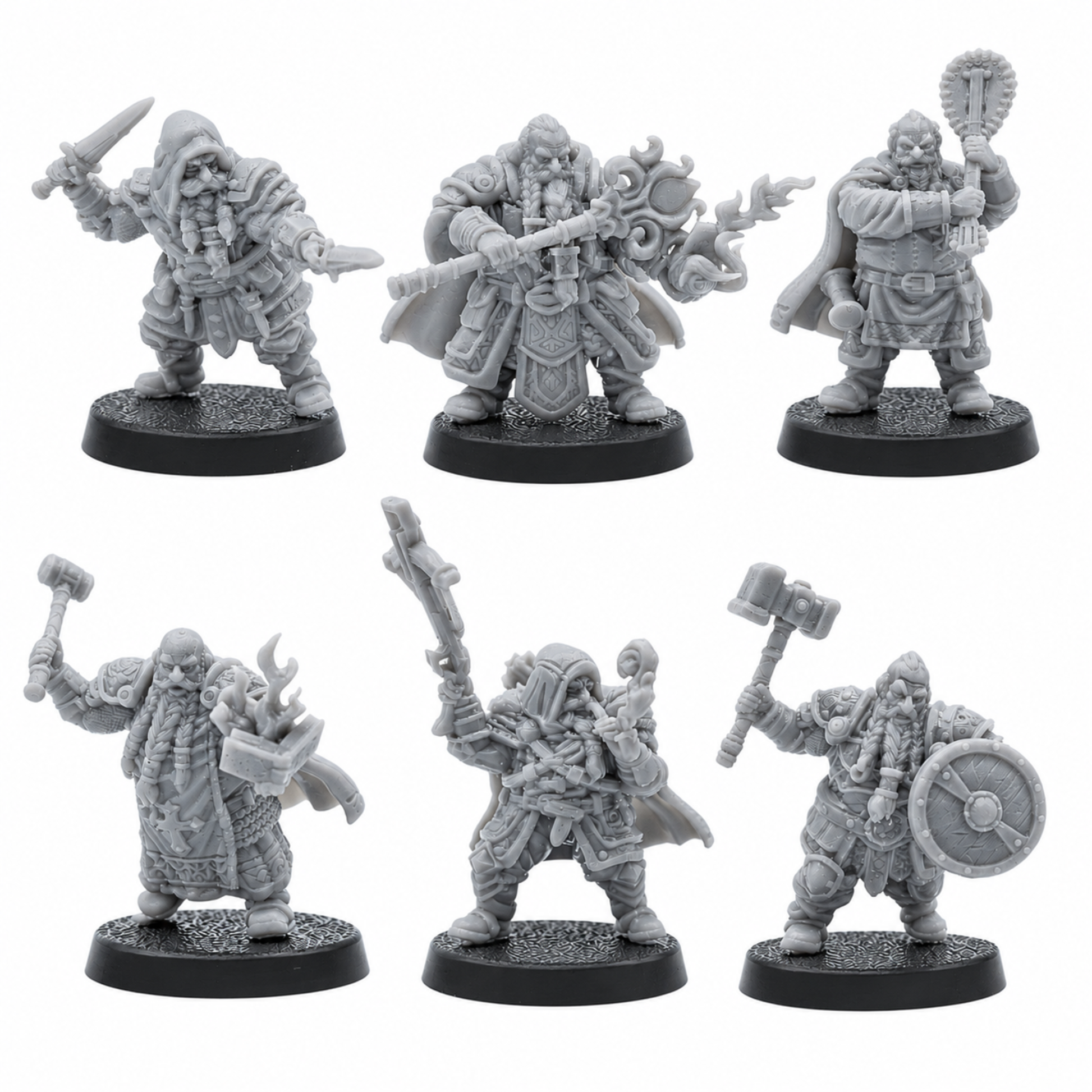 Front views of six unpainted Dwarf Adventurer resin miniatures by Forged Path Miniatures on 25mm round bases.