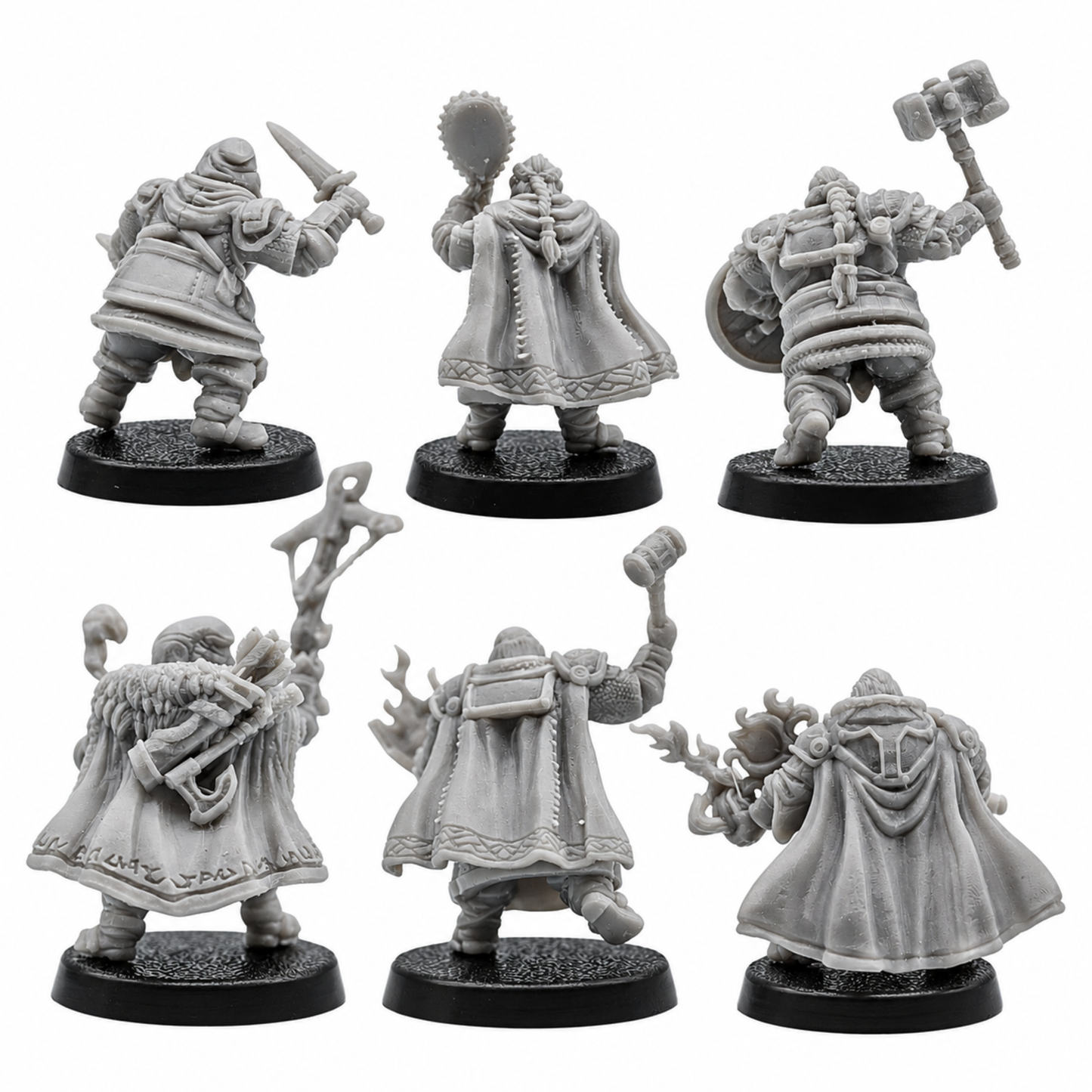 Rear views of six unpainted Dwarf Adventurer resin miniatures showing cloaks, armor, weapons, packs, and sculpted detail.