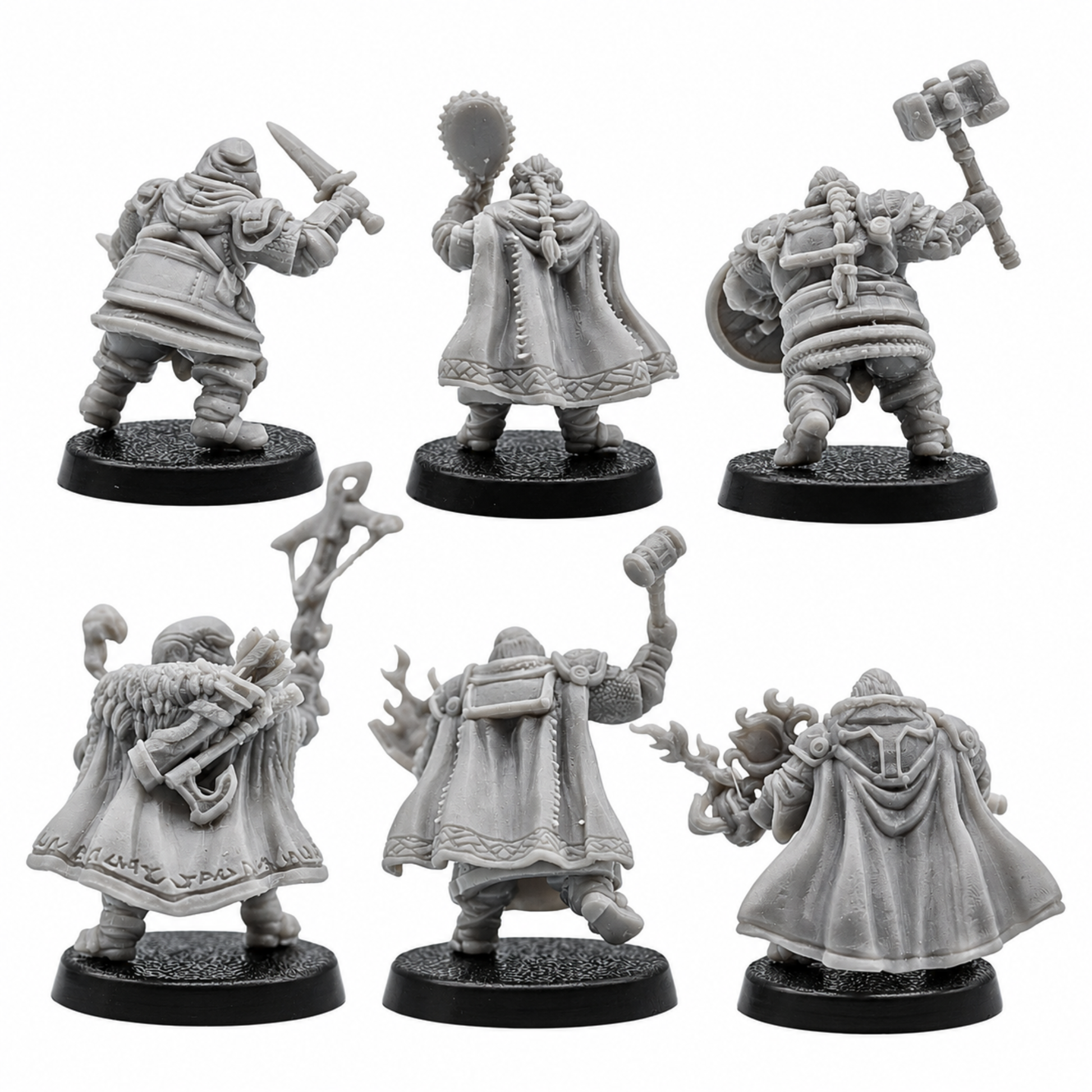 Rear views of six unpainted Dwarf Adventurer resin miniatures showing cloaks, armor, weapons, packs, and sculpted detail.