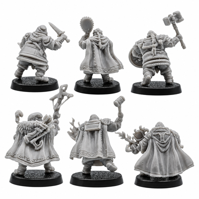 Rear views of six unpainted Dwarf Adventurer resin miniatures showing cloaks, armor, weapons, packs, and sculpted detail.