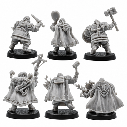 Rear views of six unpainted Dwarf Adventurer resin miniatures showing cloaks, armor, weapons, packs, and sculpted detail.