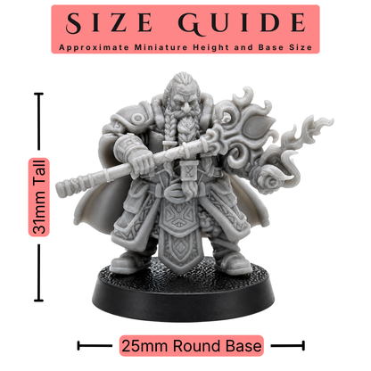 Size guide for a 32mm scale Dwarf Adventurer miniature by Forged Path Miniatures showing approximate height and 25mm round base size.