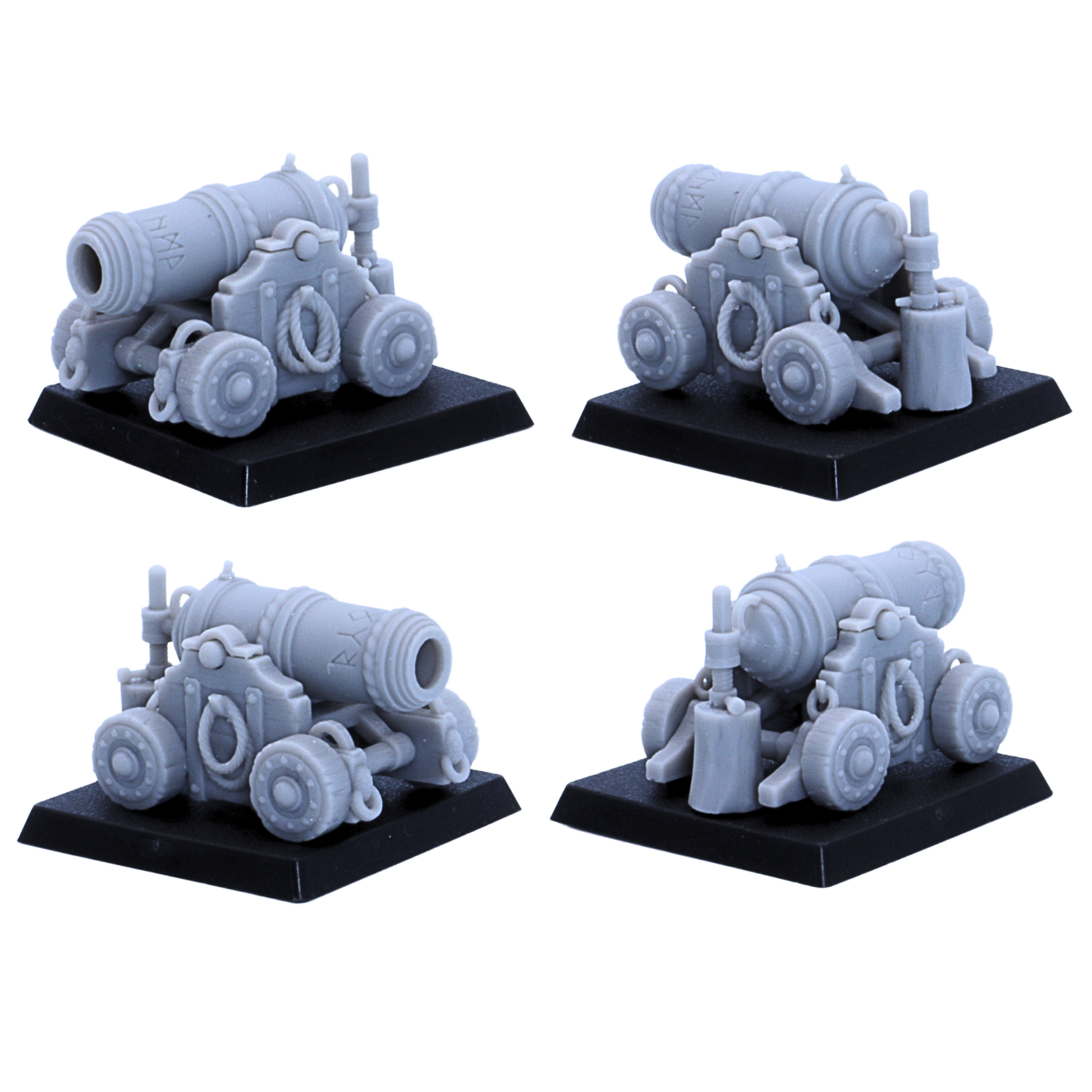 Angle views of an unpainted dwarf cannon miniature showing detailed barrel, wheels, rope, and square artillery base.