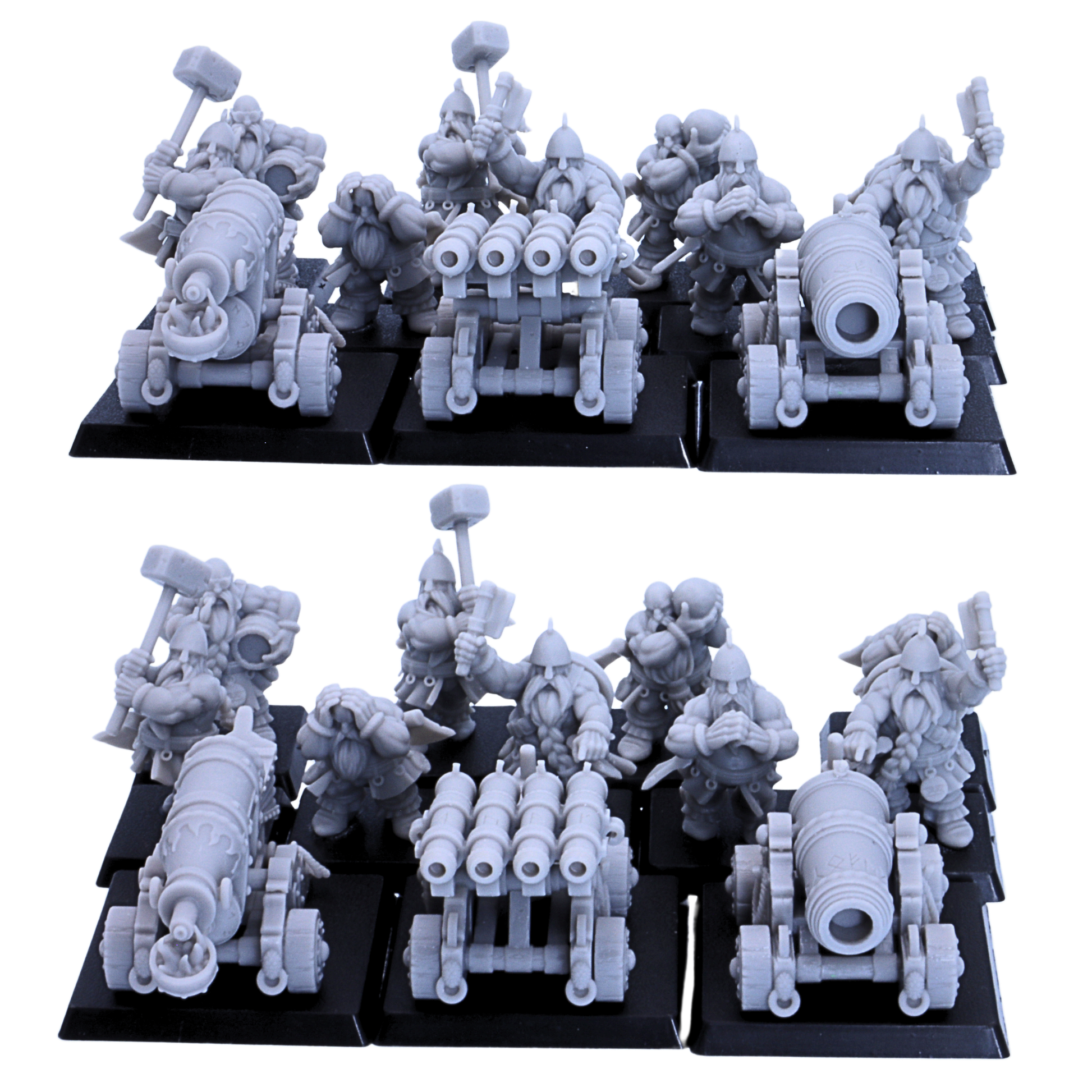 Full unpainted Dwarf Artillery and Cannon Set by Highlands Miniatures with three artillery pieces and nine dwarf crew miniatures on square bases.