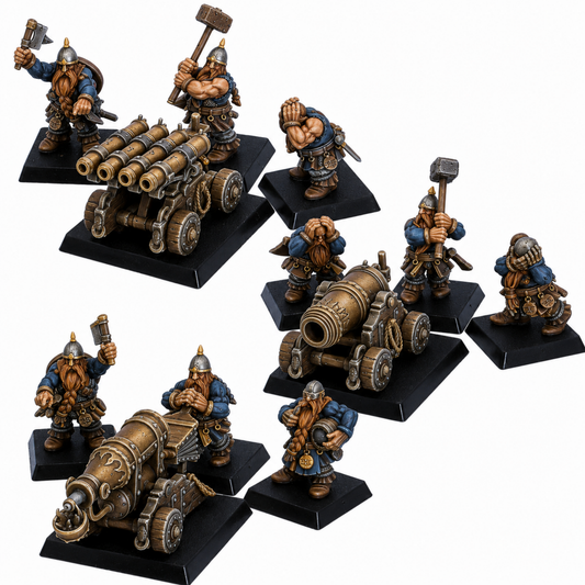 Painted example of a 32mm scale Dwarf Artillery and Cannon Set by Highlands Miniatures with three war machines and nine dwarf crew.