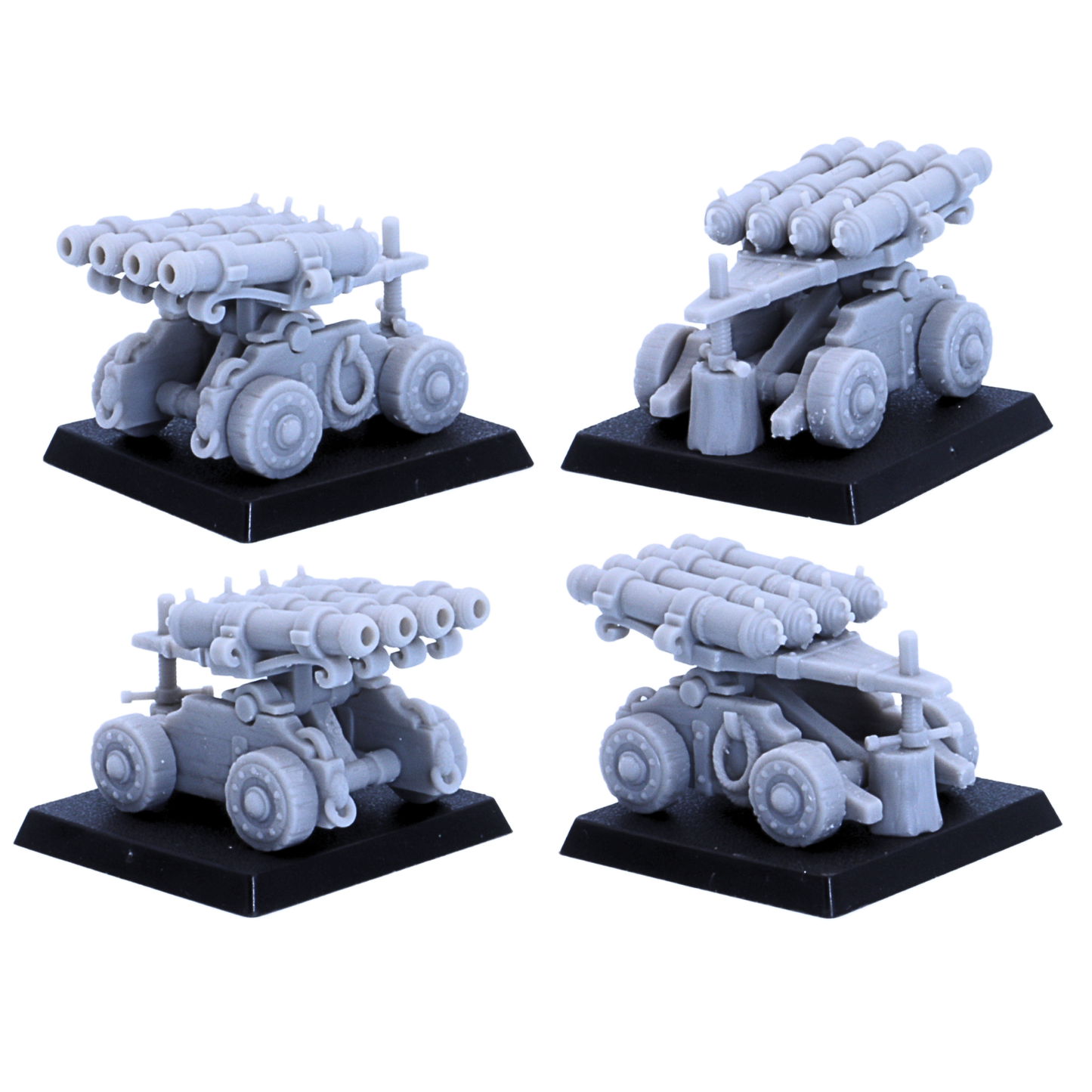Multiple views of an unpainted dwarf organ gun artillery miniature with four barrels, wheels, and 40mm square base.