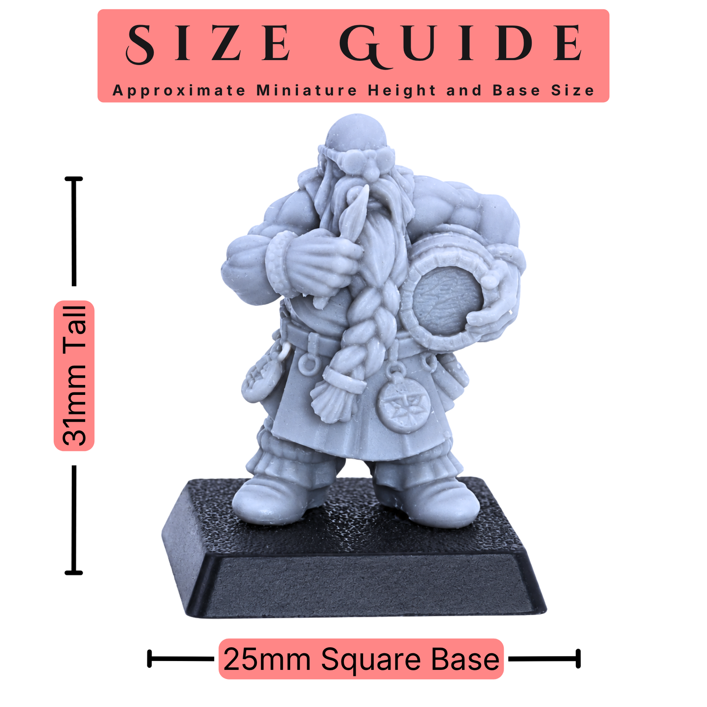 Size guide for a 32mm scale dwarf crew miniature showing 31mm height and 25mm square base.