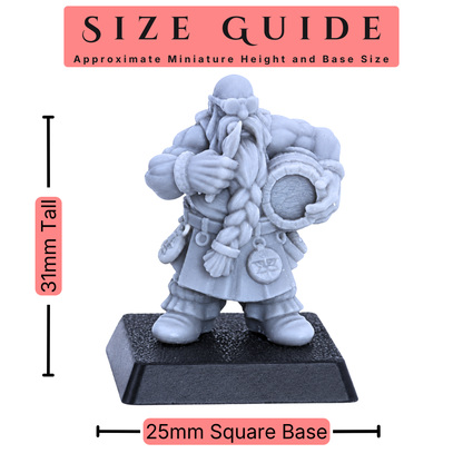 Size guide for a 32mm scale dwarf crew miniature showing 31mm height and 25mm square base.