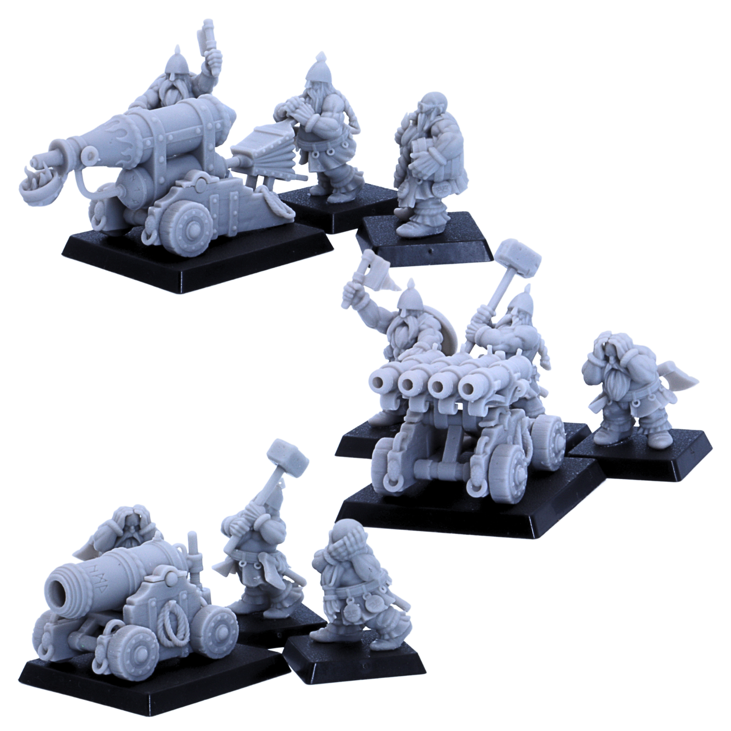 Front views of unpainted dwarf artillery miniatures with cannon, organ gun, flamethrower, and dwarf crew on square bases.