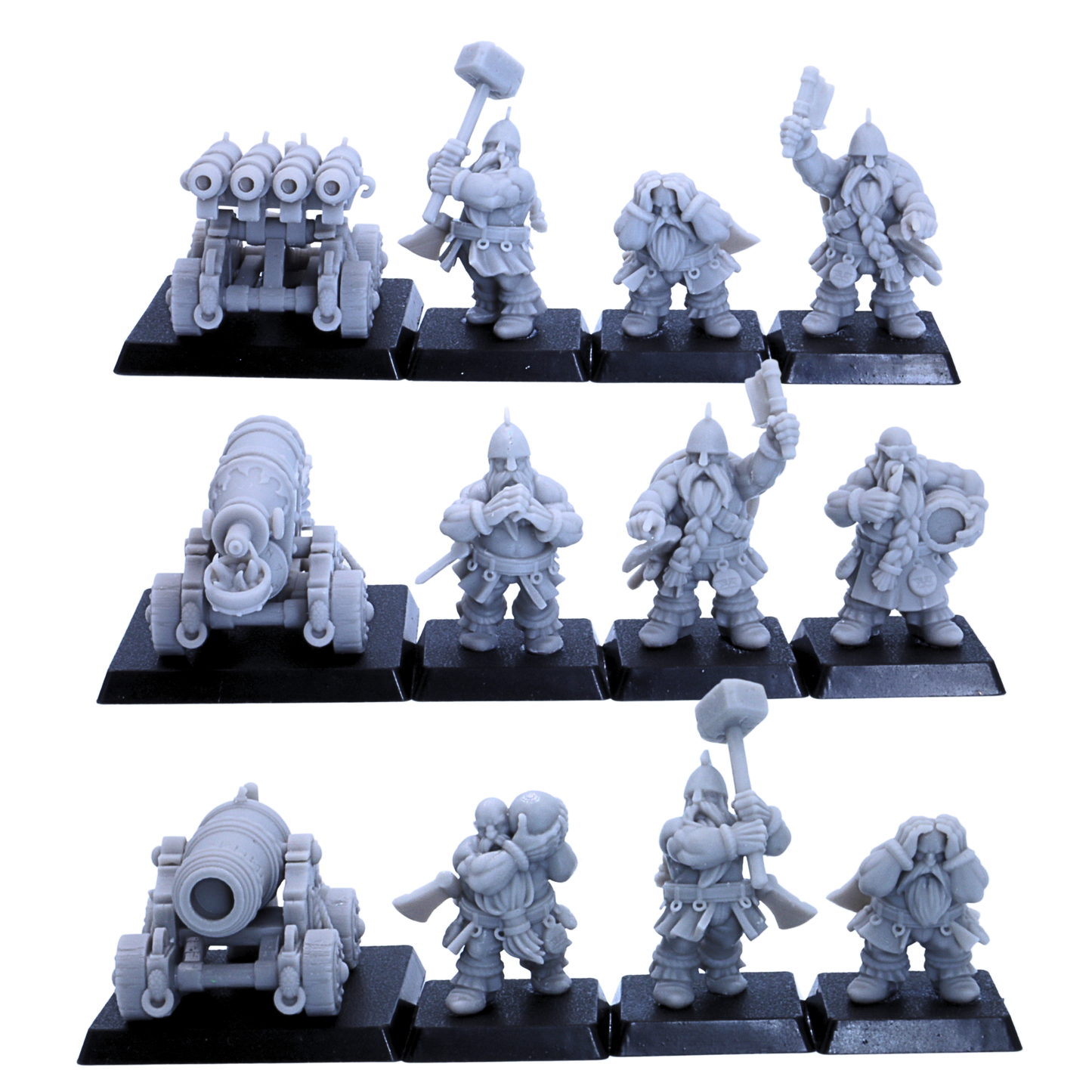 Unpainted dwarf artillery lineup showing cannon crew, organ gun crew, flamethrower crew, and square bases in 32mm scale.