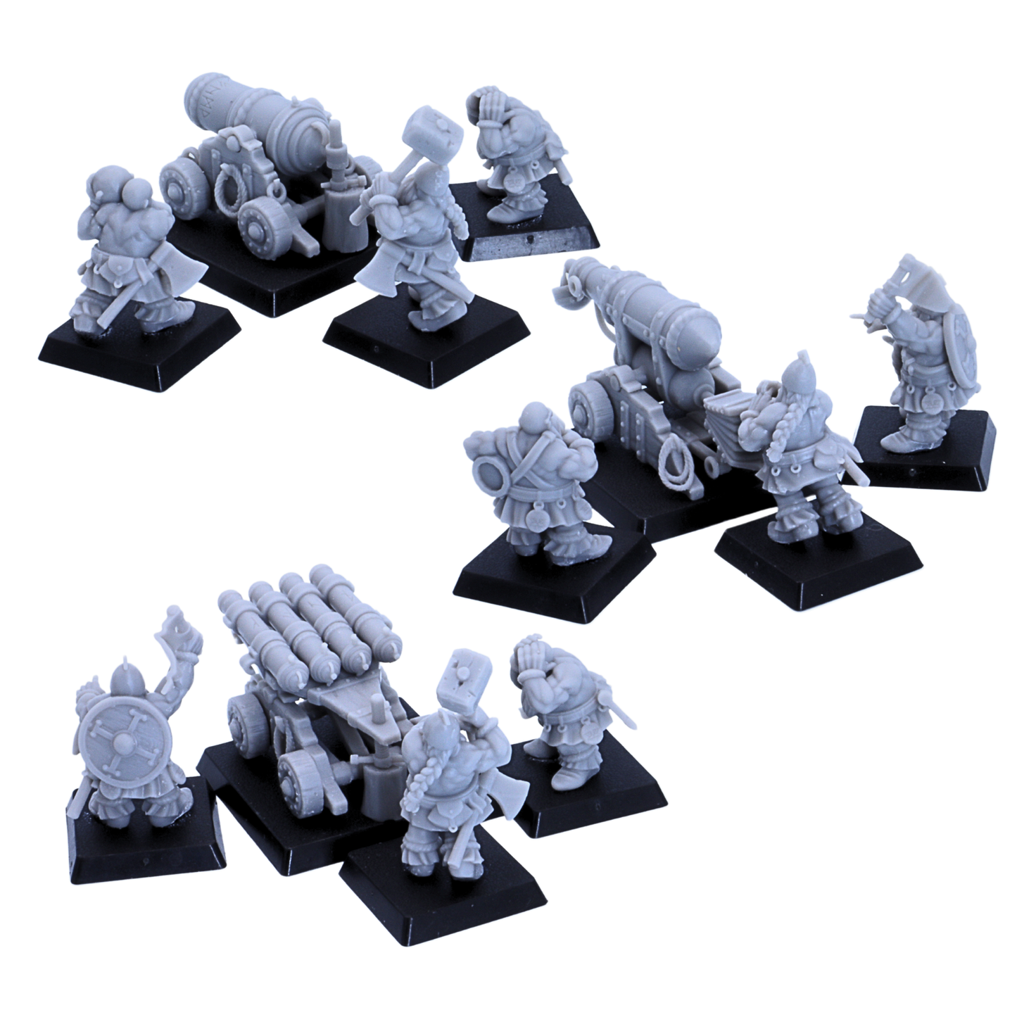 Rear views of unpainted dwarf artillery crew and war machines showing detailed cannons, square bases, and equipment.
