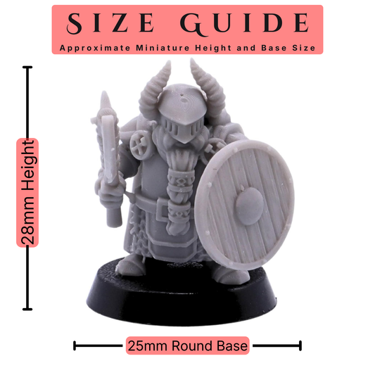 Dwarf Axe & Shield 28mm scale miniature size guide showing an approximate 28mm miniature height and 25mm round base size.