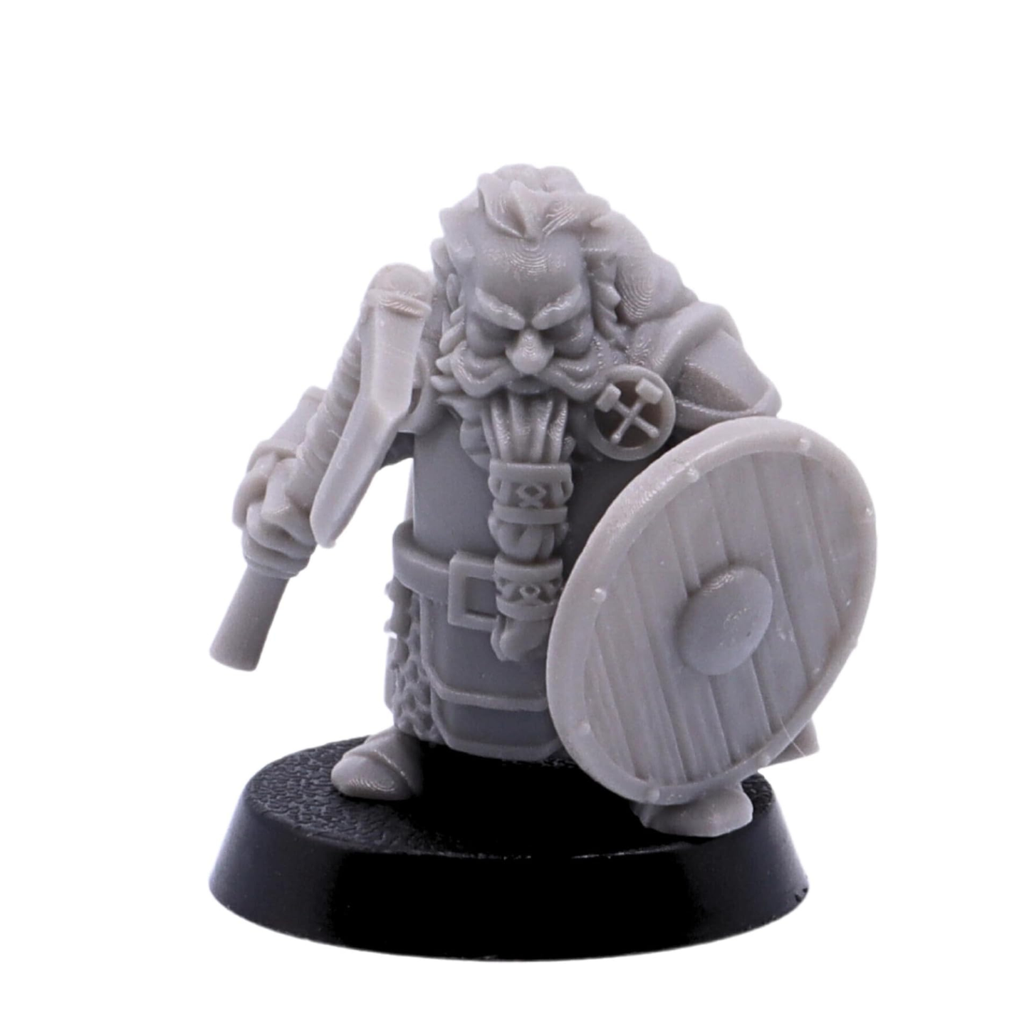 Unpainted Dwarf Axe & Shield miniature by Kyoushuneko Miniatures shown from the front with axe and round shield.