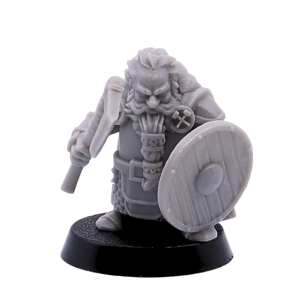 Unpainted Dwarf Axe & Shield miniature by Kyoushuneko Miniatures shown from the front with axe and round shield.