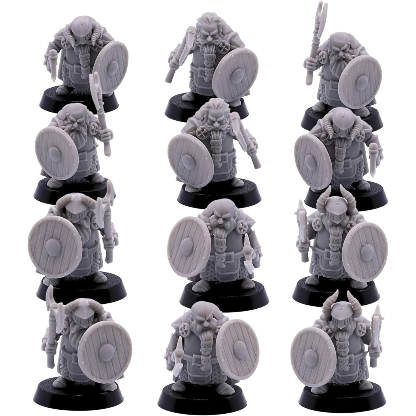 Unpainted Dwarf Axe & Shield miniatures shown from multiple angles with helmets, axes, and shields.