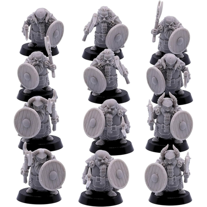 Unpainted Dwarf Axe & Shield miniatures shown from multiple angles with helmets, axes, and shields.